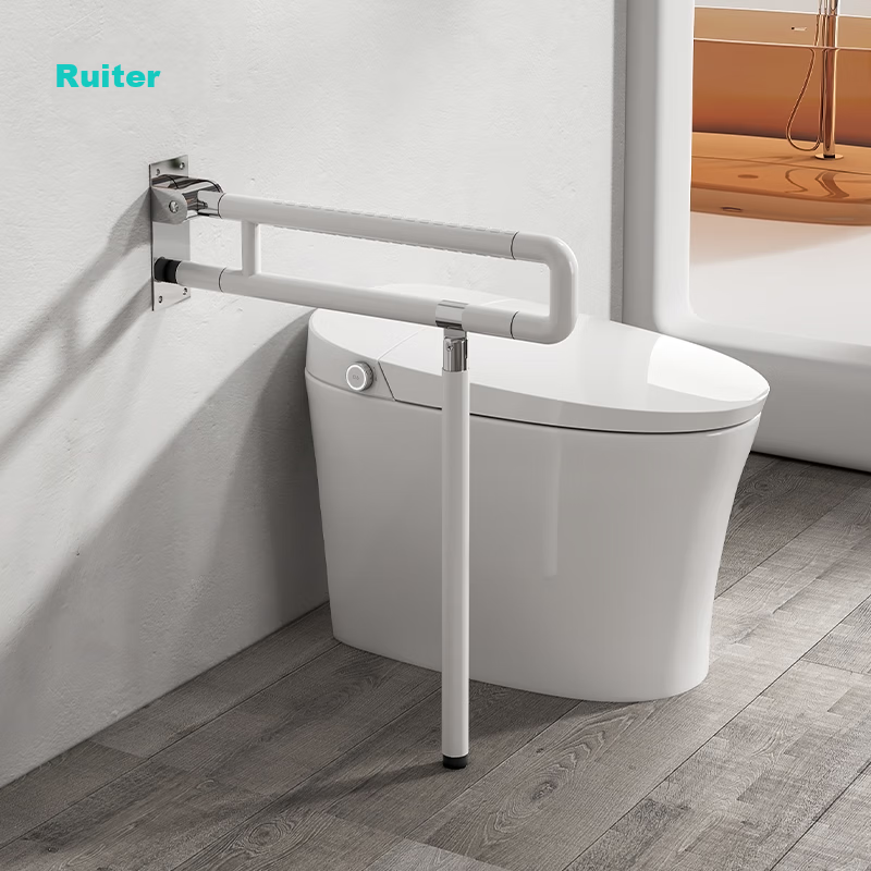 R&T Foldable Toilet Grab Bar Bathroom Safety Support U-Shaped Flip-Up Handle for Elderly Assistance