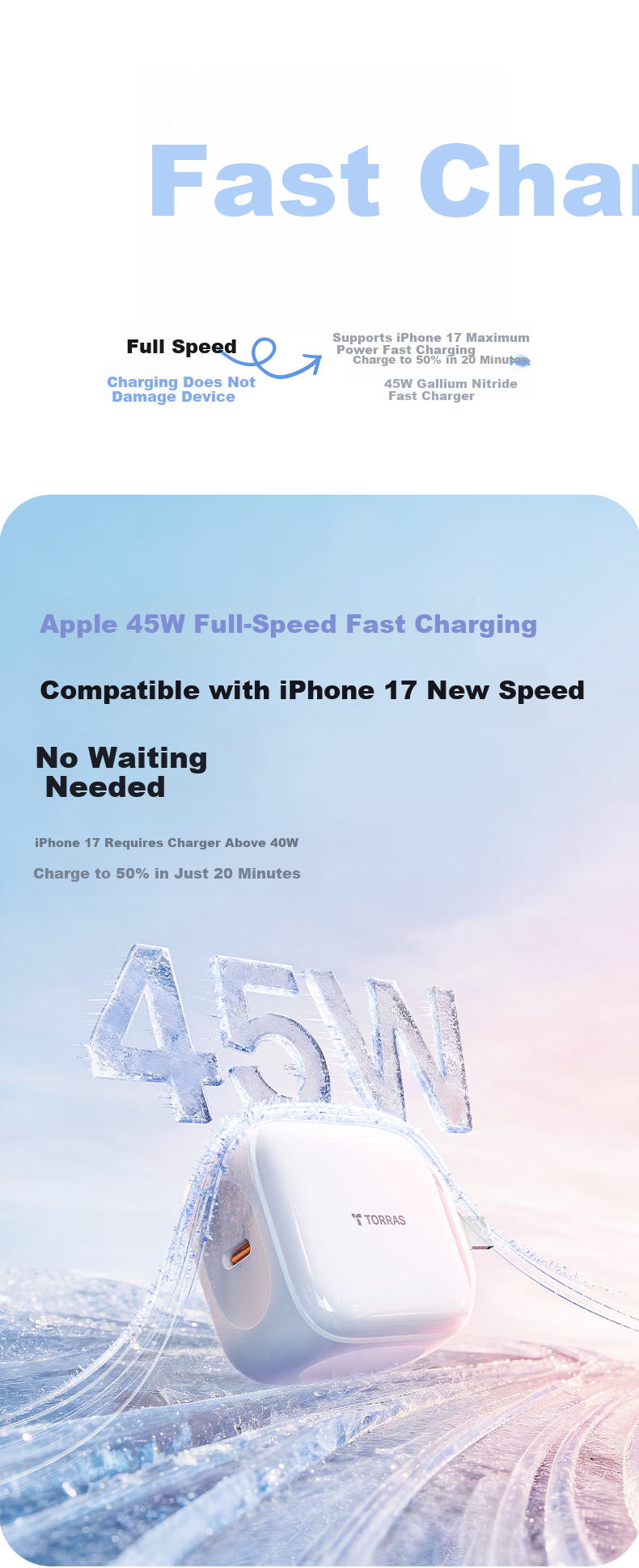 Torras Apple Charger [2026 New Model | Low Temperature Protection] iPhone 17 Pro Max 45W GaN Fast Charger Set Xiao Bing Charge Lite Compatible with Original 16 7