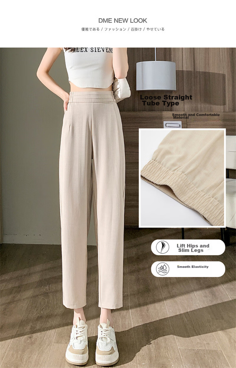 Dme [Commute Thin Nine-Tenths Pants] Summer Slightly Elastic Straight-Leg Elastic Waist Women's Trousers Casual Pants Light Gray S 3