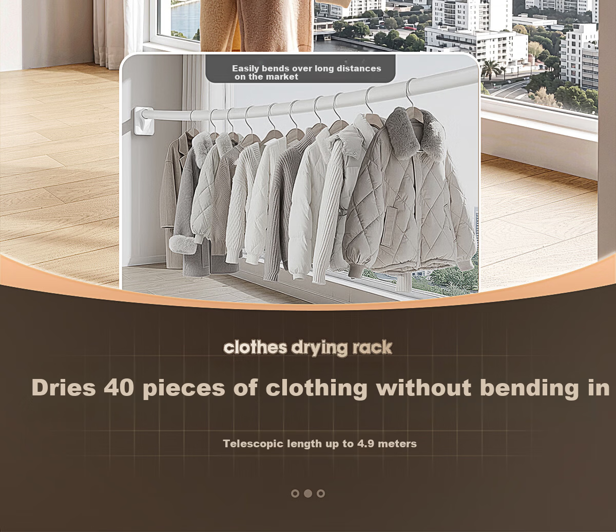 Futuristic Telescopic Clothes Drying Rod No-Drill Balcony Stainless Steel Shower Curtain Rod Wardrobe Hanging Rod Support 340-400cm 10