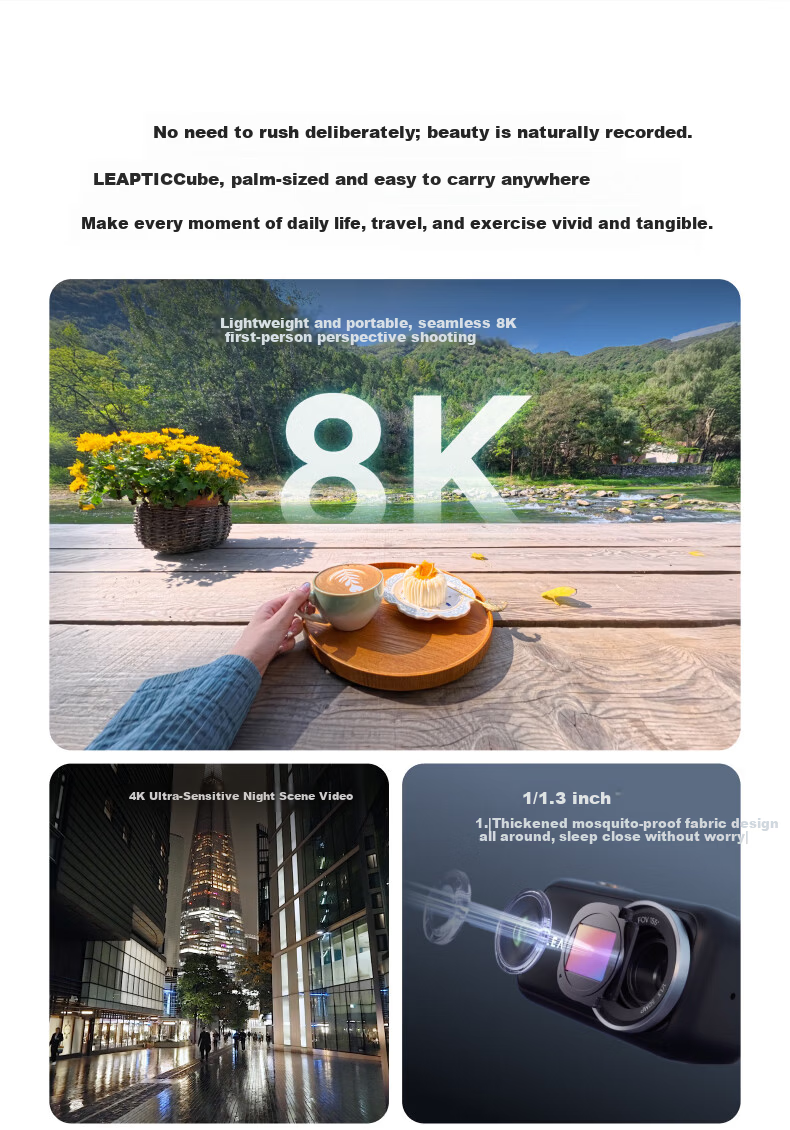 LEAPTIC Photon Transition Cube [Battery Included] Sports Camera Thumb Pocket Wearable Camera 8K/4K Vlog Cycling Running Pet All-in-One Kit 128GB Black 4