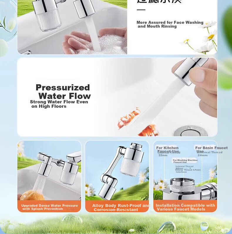 WUZORY [Germany] Faucet Extender Filter Splash-Proof Basin Swivel Connector Dual Outlet 7
