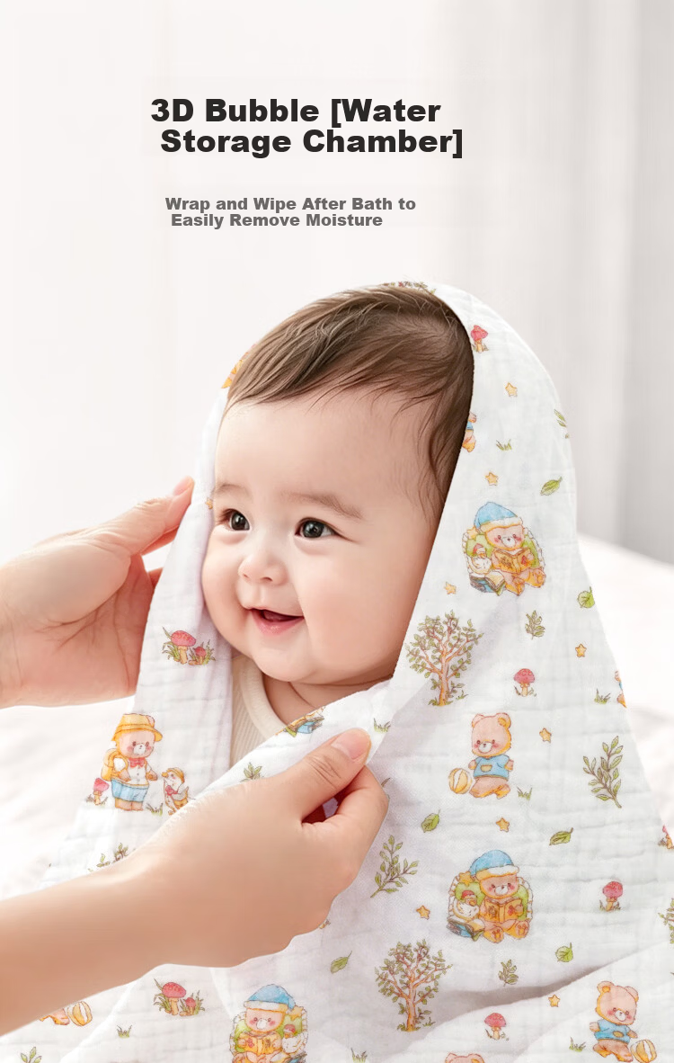 Aibaochi Children's Bath Towel 6-Layer Pure Cotton Gauze Newborn Baby Bath Large Towel 110*110cm Bear S668 7