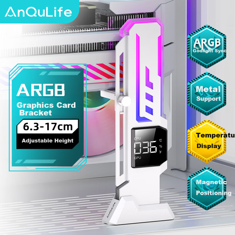 ANQULIFE Graphics Card Holder ARGB Sync with Temperature Monitoring for 50/40 Series Fan Slots Anti-Sag Support Bracket Horizontal Sea View Desktop PC AQ-B018