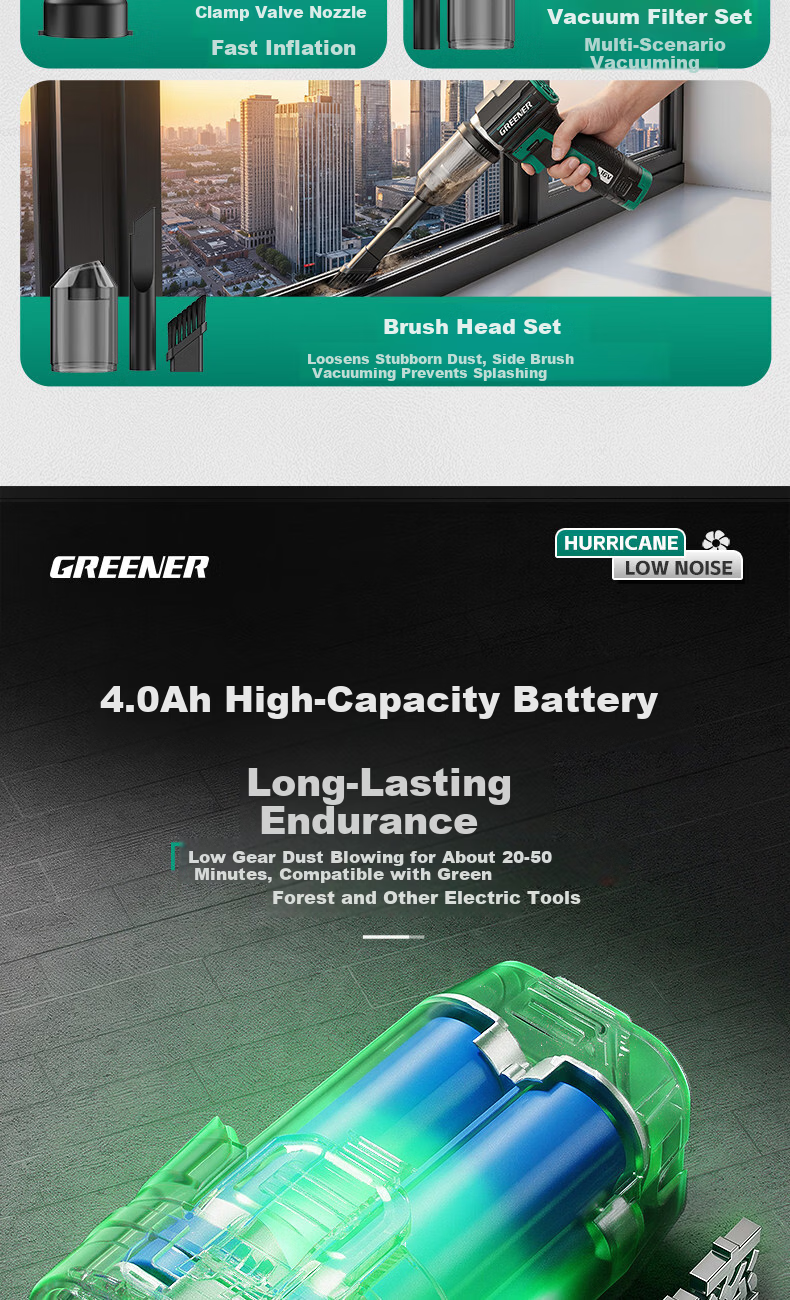 GREENER Pocket Turbo Fan Powerful Hair Dryer Brushless Lithium Battery Dust Removal Car Wash Water Blower One Battery One Charger 7