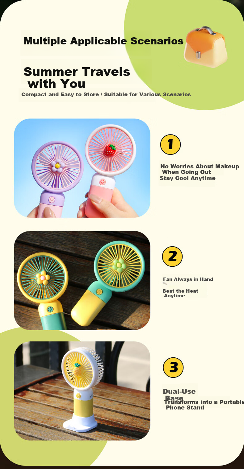 Gelite Handheld Mini USB Desk Fan Quiet Small Electric Fan Portable Rechargeable Yellow-Green for Dormitory Office Kids 7