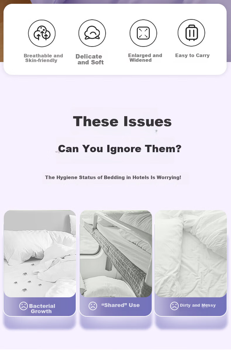 JAJALIN Disposable 4-Piece Double Bed Sheet Duvet Cover Pillowcase Thickened Anti-Dirt Sleeping Bag Travel Supplies Hotel Lilac Purple 2
