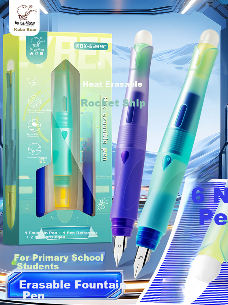 Kaba Bear Heat Erasable Fountain Pen Crystal Blue Posture Correcting Erasable Pen Set Student Children's Professional Calligraphy Pen Dark Blue 5
