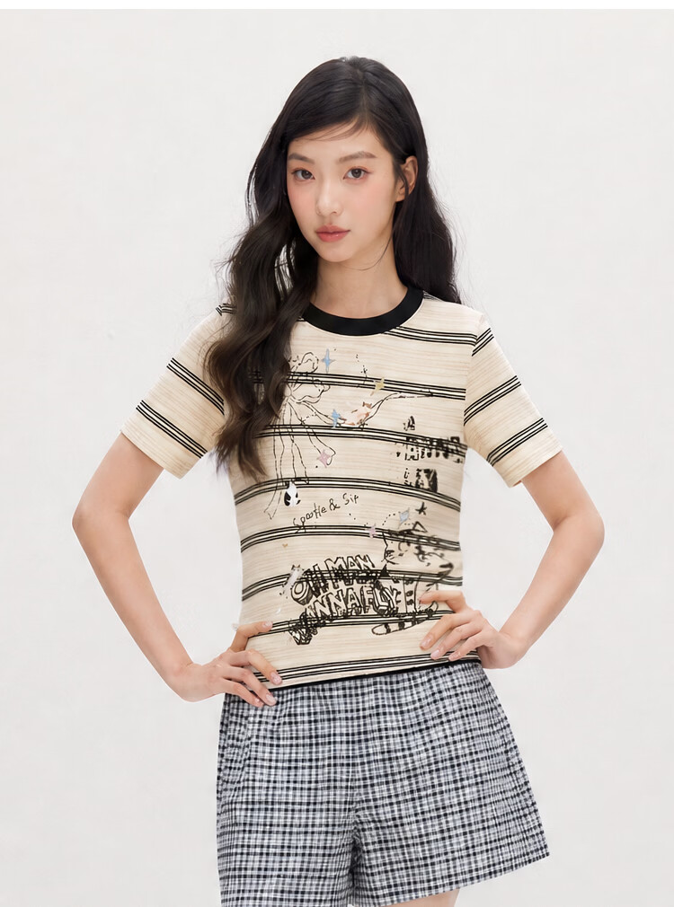 Semir Women's Summer Short Sleeve T-Shirt 2026 Slim Fit Cute Cat Striped Top 10A326100009 4