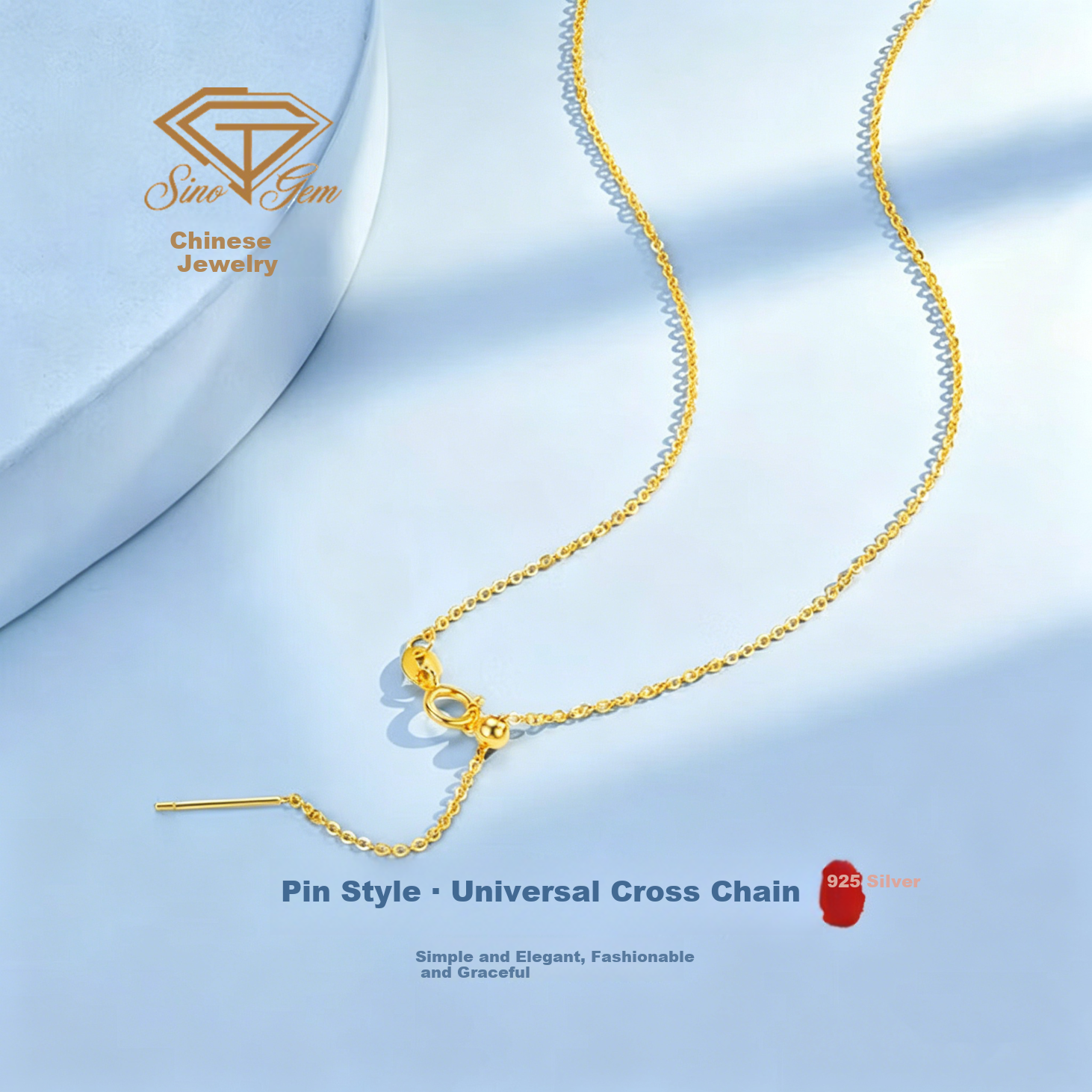 Chinese Jewelry Pure Silver Women's Cross Plain Chain Universal Chain Pin Gold Color No Pendant Clavicle Chain Replacement Chain Bare Jewelry