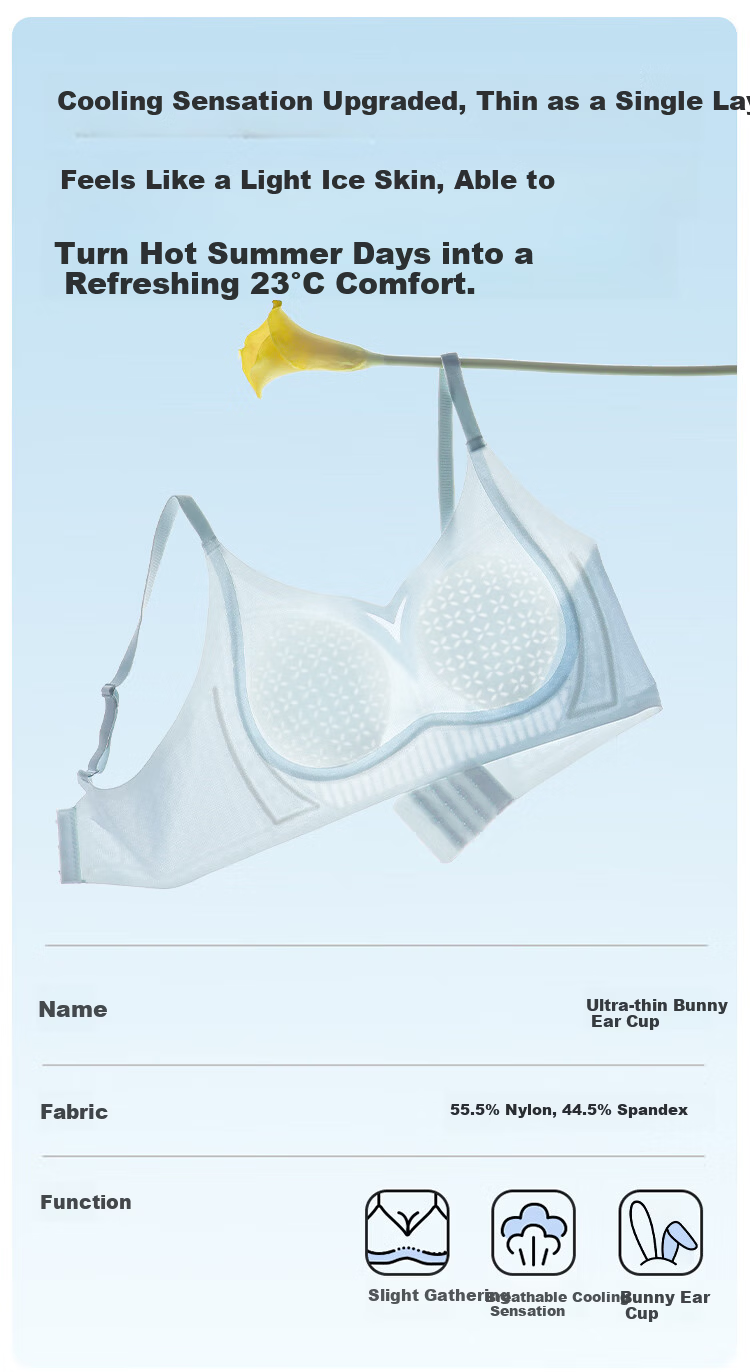 Urban Beauty Women's Thin Summer Wireless Bra Seamless Bunny Ear Cup Ice Silk Breathable Anti-Spread Sky Blue L 1