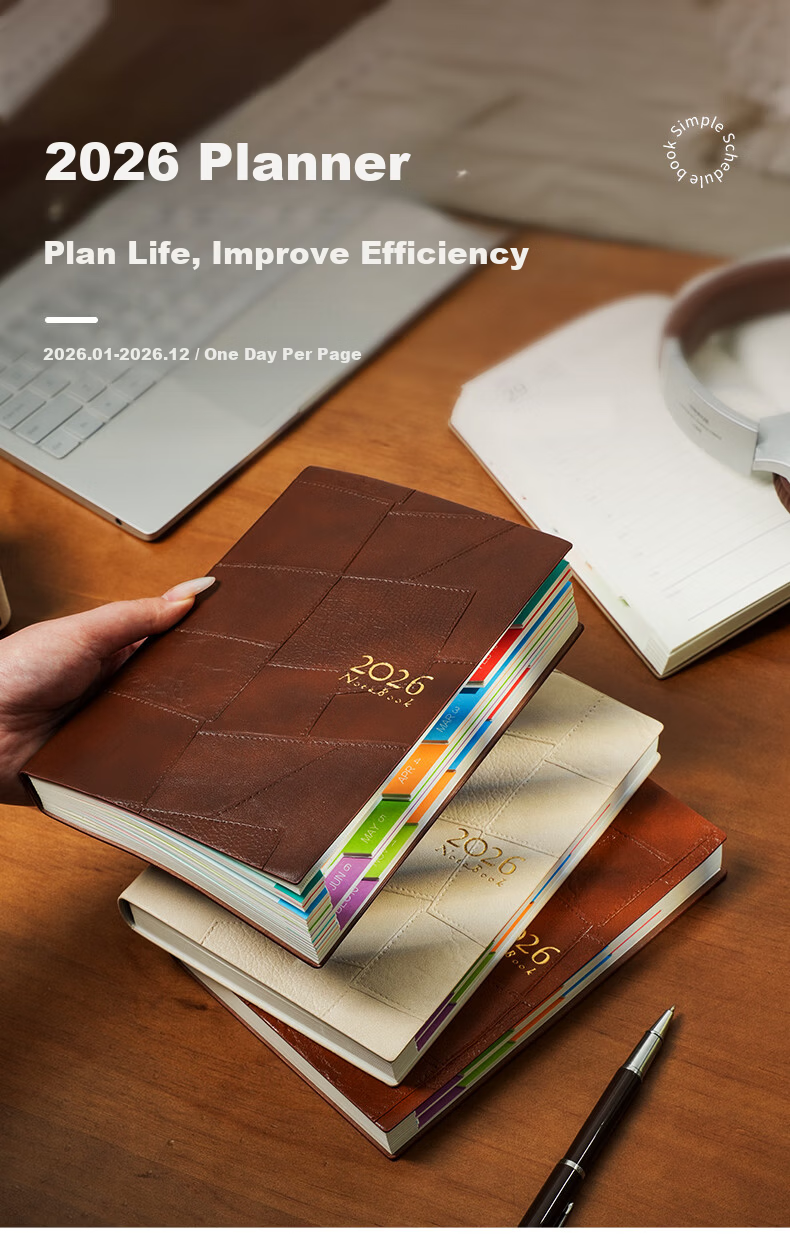 Wen'ao A5 Creative Thickened Vintage 365-Day Diary 2026 Planner Notebook School Season Schedule Punch Card Premium Business Office Journal Light Brown 1