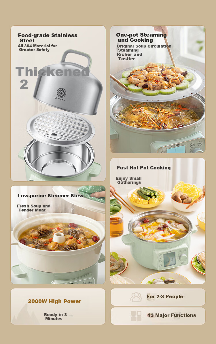 Buydeem Electric Steamer Household Stainless Steel 0-Coating Electric Stew Pot Hot Pot Steaming and Stewing All-in-One Large Capacity Smart Electric Stew Pot Timer Keep Warm Multifunctional Pot G45 Si 5