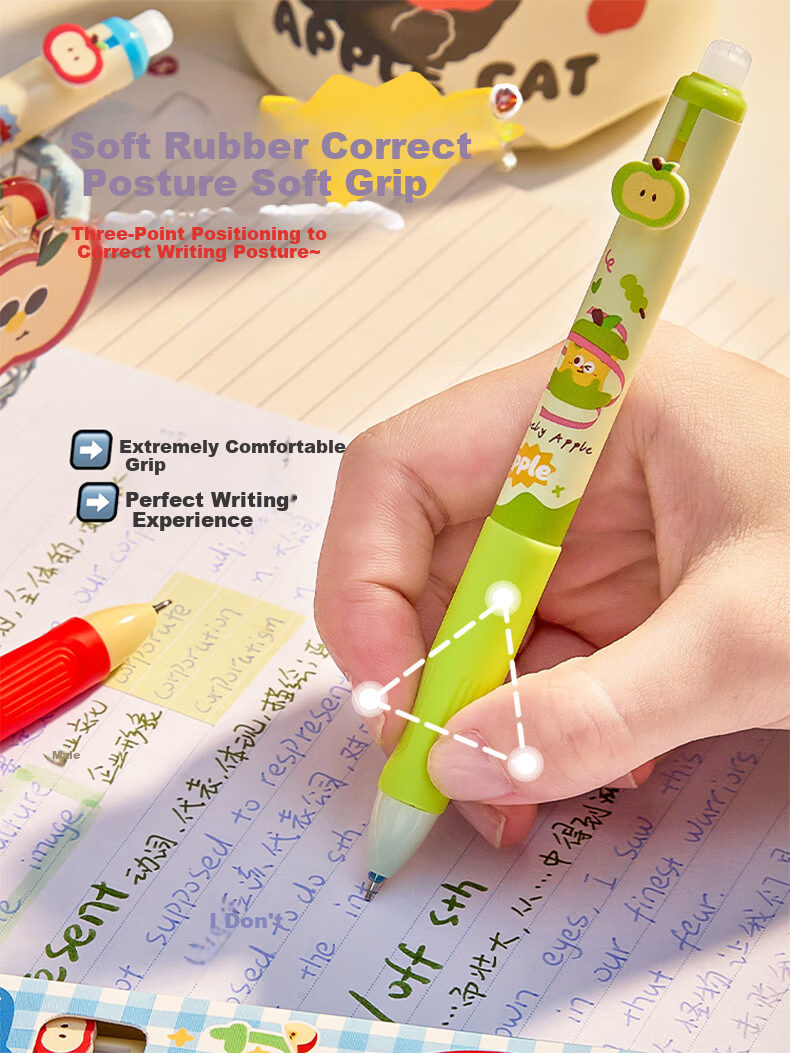 Kaba Bear Erasable Gel Pen with Click and Built-in Eraser, Thermosensitive Refillable Ink, Soft Grip, Cute Design for Elementary School Third Grade, Crystal Blue Black 0.5mm 2
