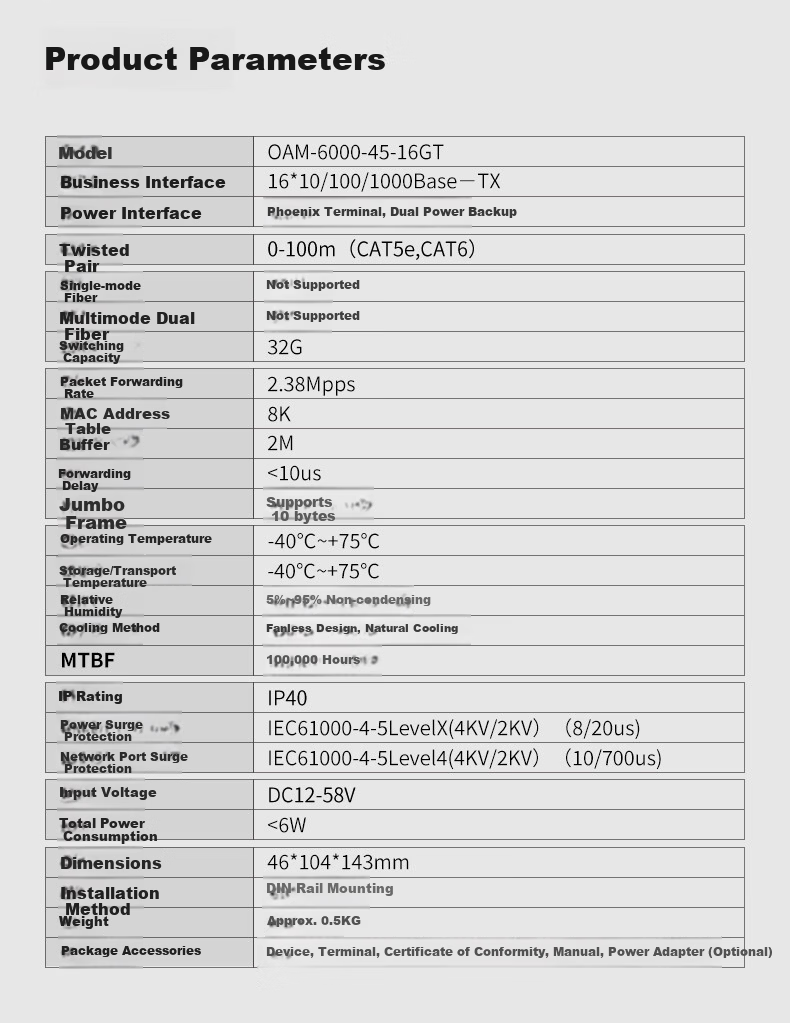 OAMLink Industrial Grade Ethernet Switch 16-Port Gigabit Unmanaged DIN Rail OAM-6000-45-16GT 7