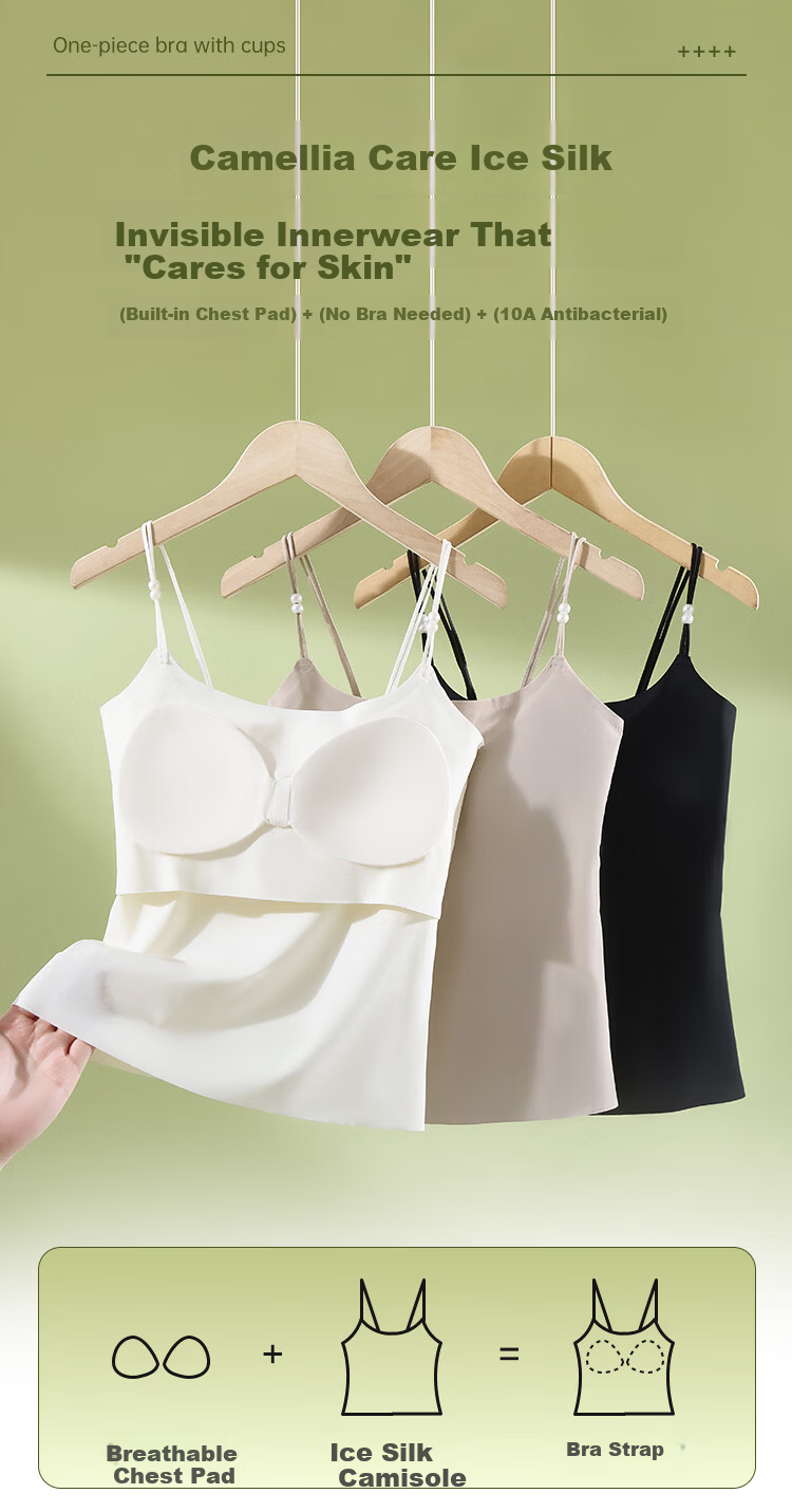 Yiershuang Women's Camisole Tank Top with Camellia Fragrance, Invisible Seamless Bra Pad, Pearl Thin Straps, Basic Backless Underwear 1
