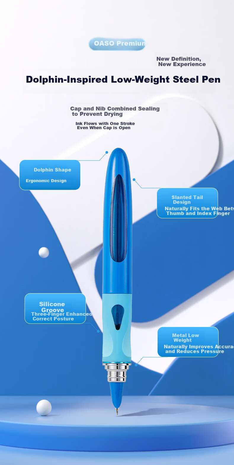 Youshang OASO K066 Dolphin Low Center of Gravity Fountain Pen Stable Writing Posture Refillable Ink Cartridge Deep Sea Black for 3rd-4th Grade Students Beginner 1