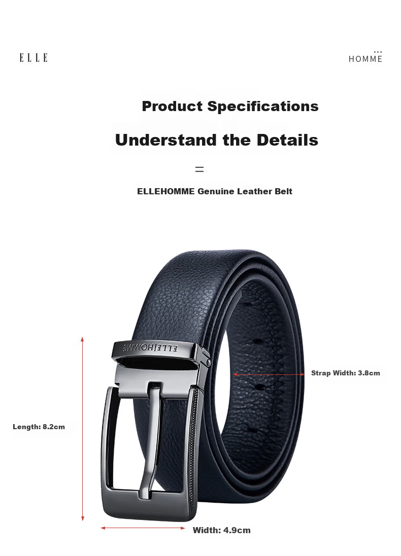 ELLE HOMME French Brand Men's Genuine Leather Belt First Layer Cowhide Pin Buckle Belt Gift Box Birthday Present for Boyfriend Husband 12