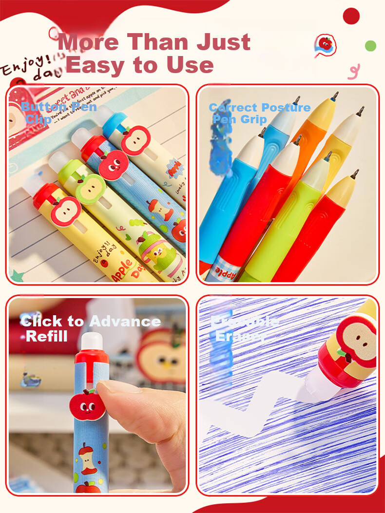 Kaba Bear Erasable Gel Pen with Click and Built-in Eraser, Thermosensitive Refillable Ink, Soft Grip, Cute Design for Elementary School Third Grade, Crystal Blue Black 0.5mm 4