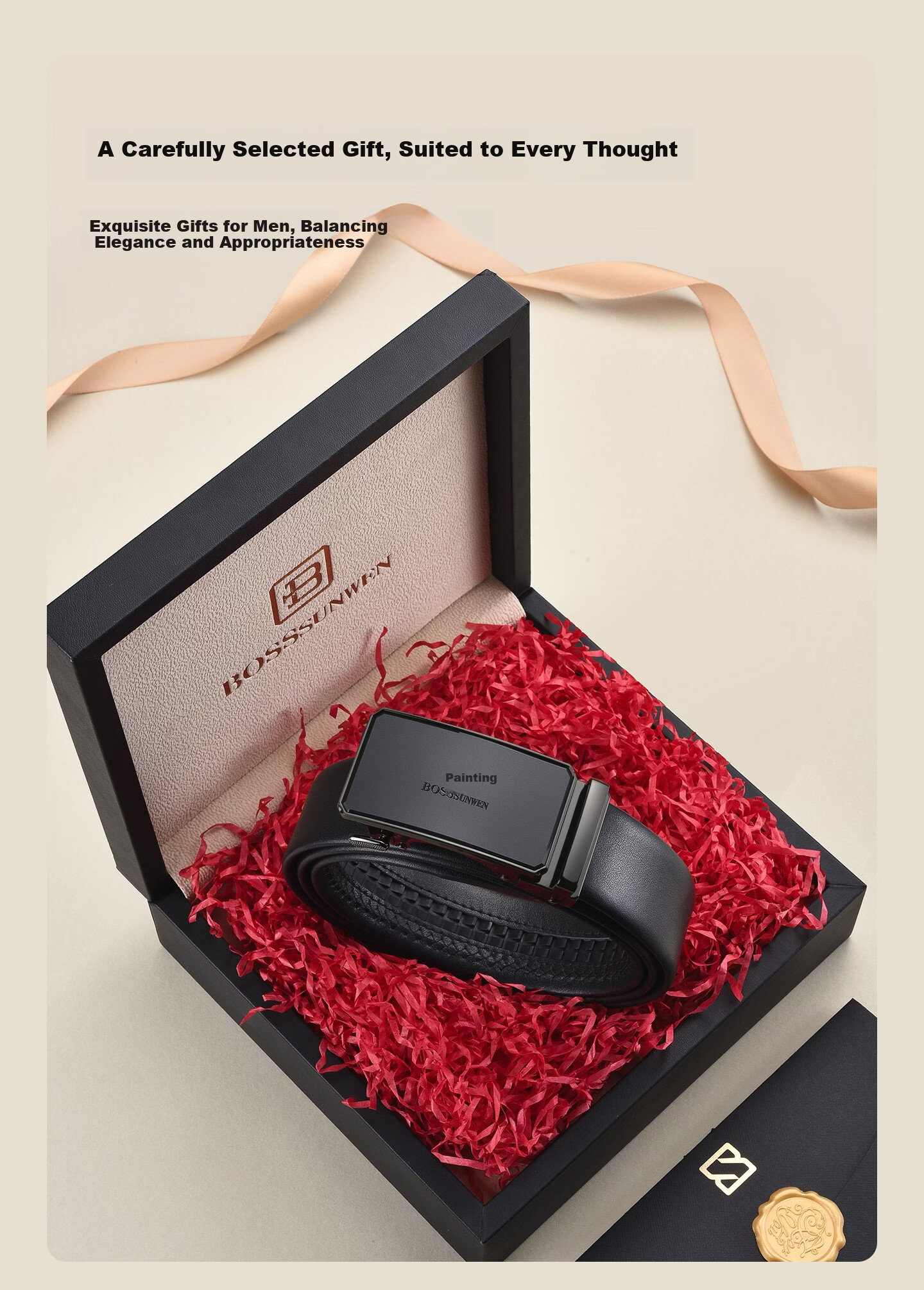 BOSSSUNWEN Men's Genuine Leather Belt Automatic Buckle Gift for Husband and Dad with Wooden Gift Box 8