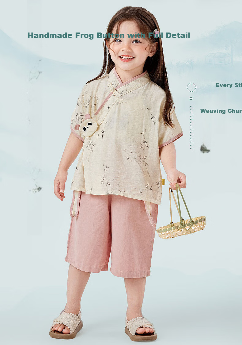 Dudu Baby New Chinese Style Summer Set Children's National Style Two-Piece Boys Short Sleeve Girls Shorts Summer Outfit Pink 90cm 11
