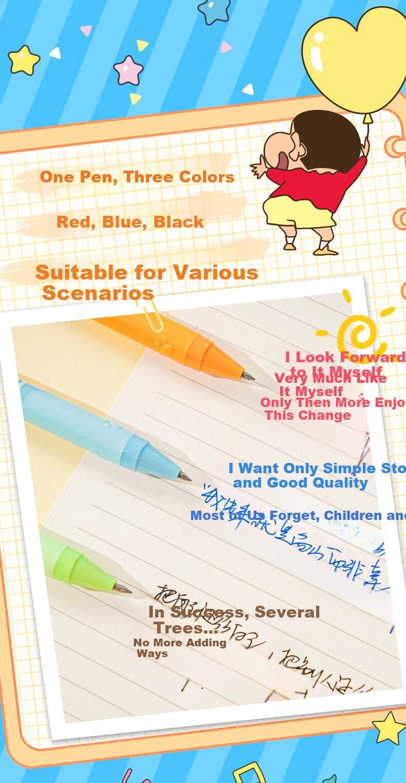 Joytop Crayon Shin-chan Limited Edition 3-Color 0.5mm Quick-Dry Retractable Gel Pen Student Stationery Signature Pen 2