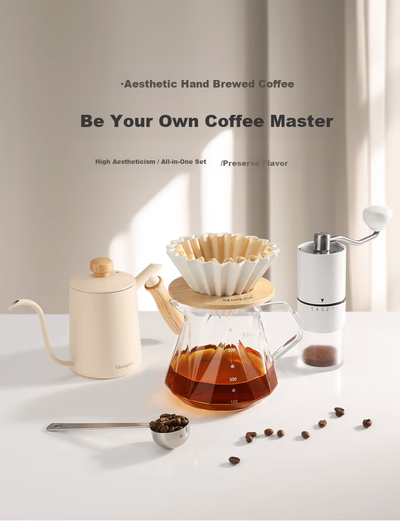 Mongdio Manual Coffee Maker Set with Grinder, Coffee Filter Paper, Dripper, Pour Over Kettle, Sharing Pot, Measuring Spoon, Wooden Tray - 7 Pieces 1