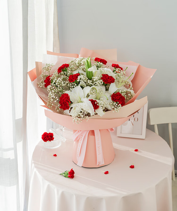 鲜花速递 康乃馨百合满天星花束生日礼物送女生女朋友老婆闺蜜长辈