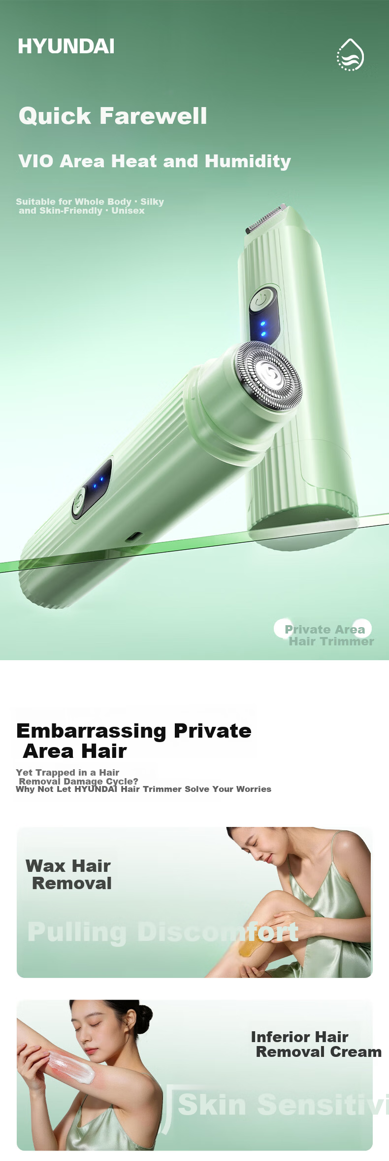 HYUNDAI Dual-Head Electric Intimate Hair Trimmer for Men and Women - Pubic, Underarm, Body, Leg, Lip Hair Removal Device, Full-Body Grooming Tool, Birthday and Summer Gift 2
