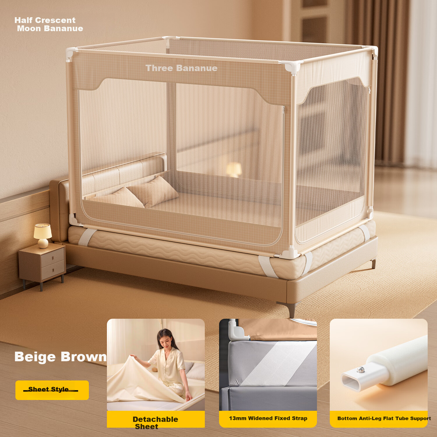Banxianyue Stable Cabin Max2 Baby Anti-Fall Mosquito Net Bed Fence 1.8x2m Home Use Beige with Cotton Bed Sheet