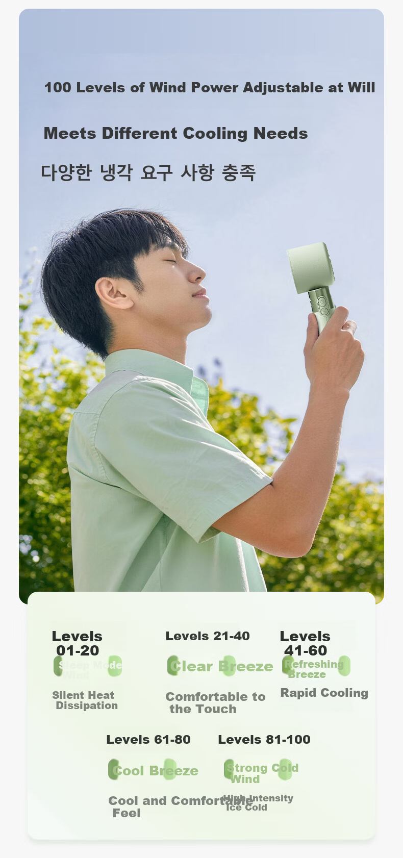 LOCK&LOCK Handheld Mini Fan Semiconductor Cooling Portable Foldable Outdoor Neck Hanging Desktop Rechargeable Long Battery Life 100-Speed High Wind 4000mAh Ice Fun - Sea Salt White Grapefruit 9