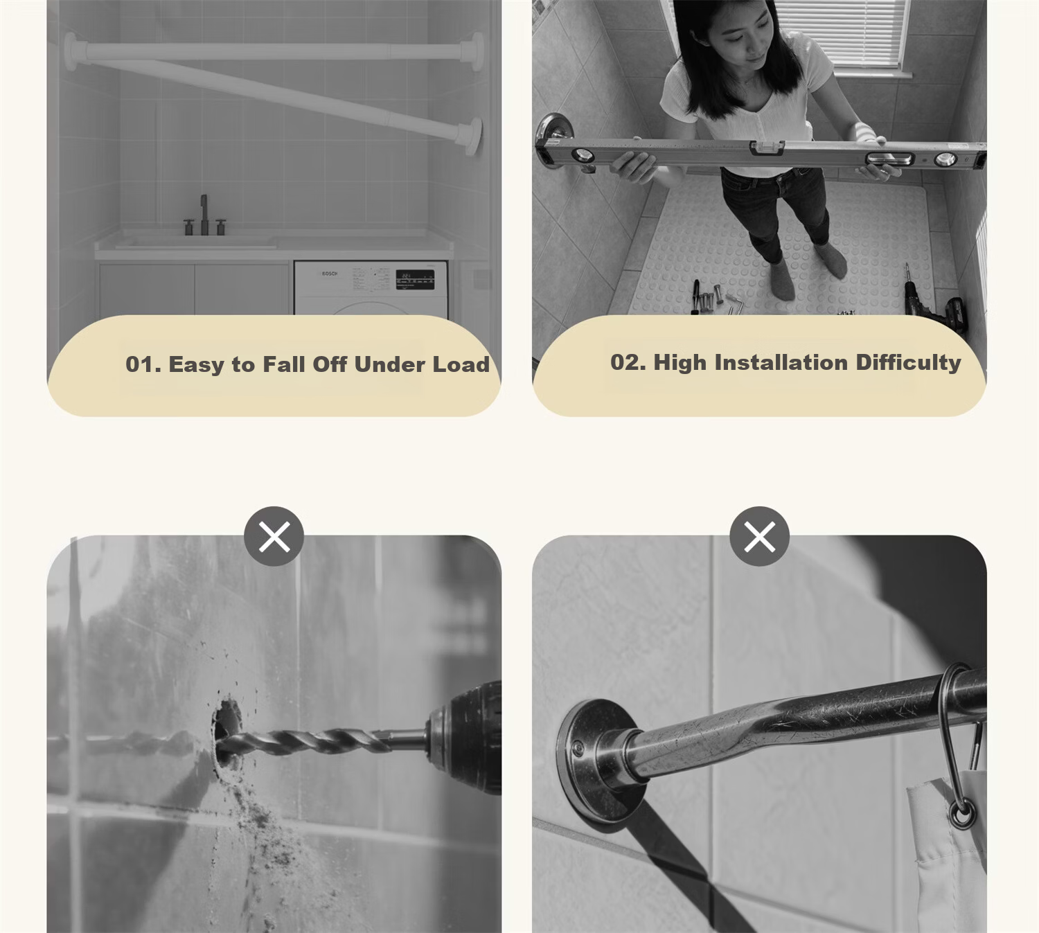Submarine No-Drill Telescopic Clothes Drying Rod 304 Stainless Steel Shower Curtain Rod Balcony Clothes Hanger 50-80cm 4