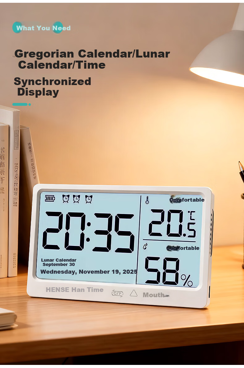 Hense Temperature And Humidity Magnetic Electronic Clock, Living Room Kitchen Timepiece, Desktop Digital Display Screen, Student-Specific Wake-Up Device, HAMY12 Rechargeable Model 9