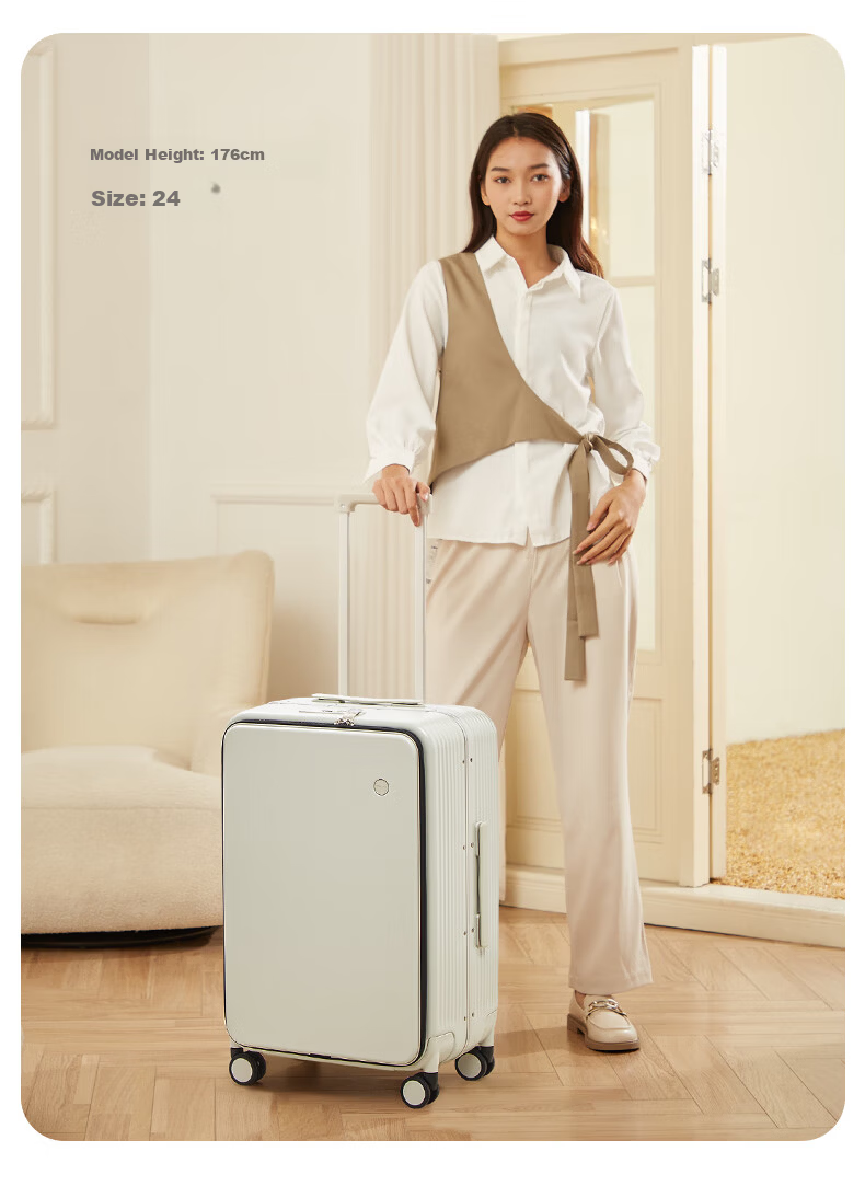 Mixi Multifunctional Aluminum Frame Trolley Luggage Large Capacity Side-Opening Travel Suitcase Men Women 20-inch Smoke White 20