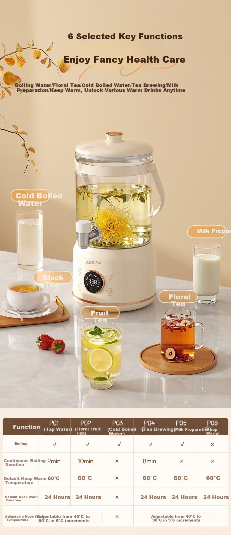 AUX 3L Health Pot Large Capacity Faucet Kettle Flower Tea Bucket Constant Temperature Kettle Tea Cooker Insulated Integrated Water Boiler 304 Stainless Steel Heating Plate ASH-10AY01A 11