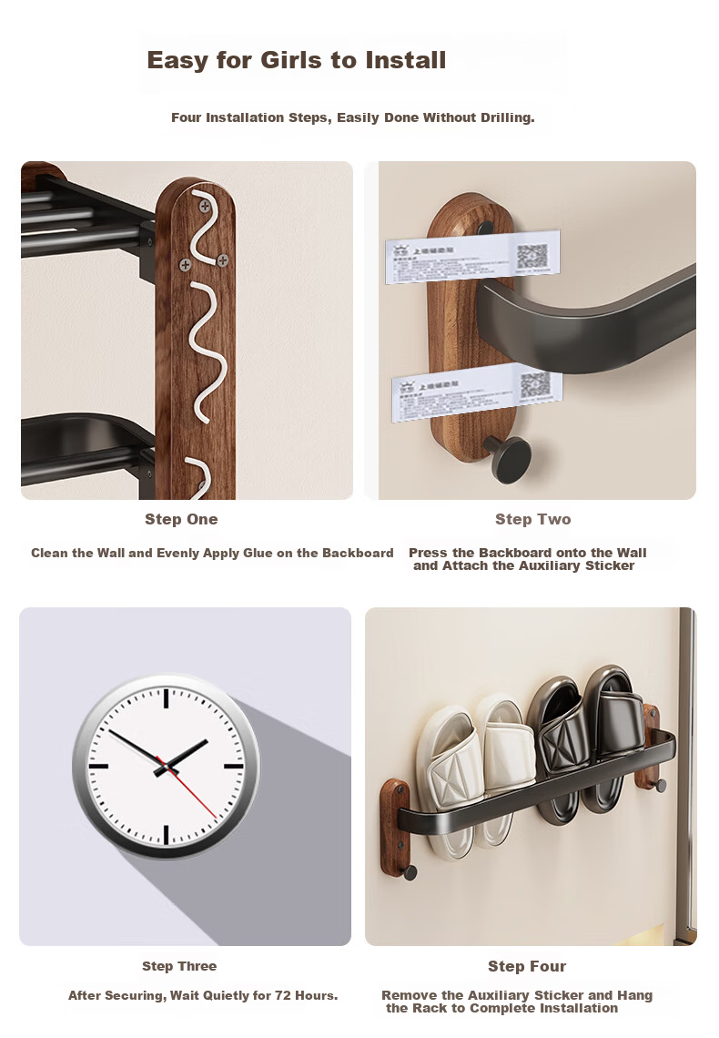 Youqin Walnut Wood Slipper Rack Bathroom Hanging Storage Shelf Wall-Mounted Draining Organizer for Toilet 11