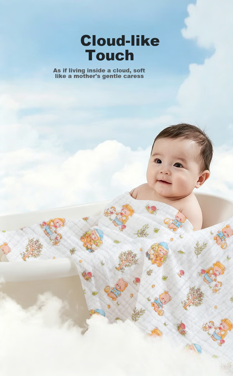 Aibaochi Children's Bath Towel 6-Layer Pure Cotton Gauze Newborn Baby Bath Large Towel 110*110cm Bear S668 3