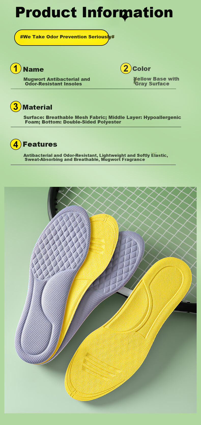 Footprint Tribe Mugwort Deodorant Insoles for Men Sweat-Absorbing Breathable Odor-Removing Antibacterial Summer Thin Leather Shoe Insoles Size 45-46 5