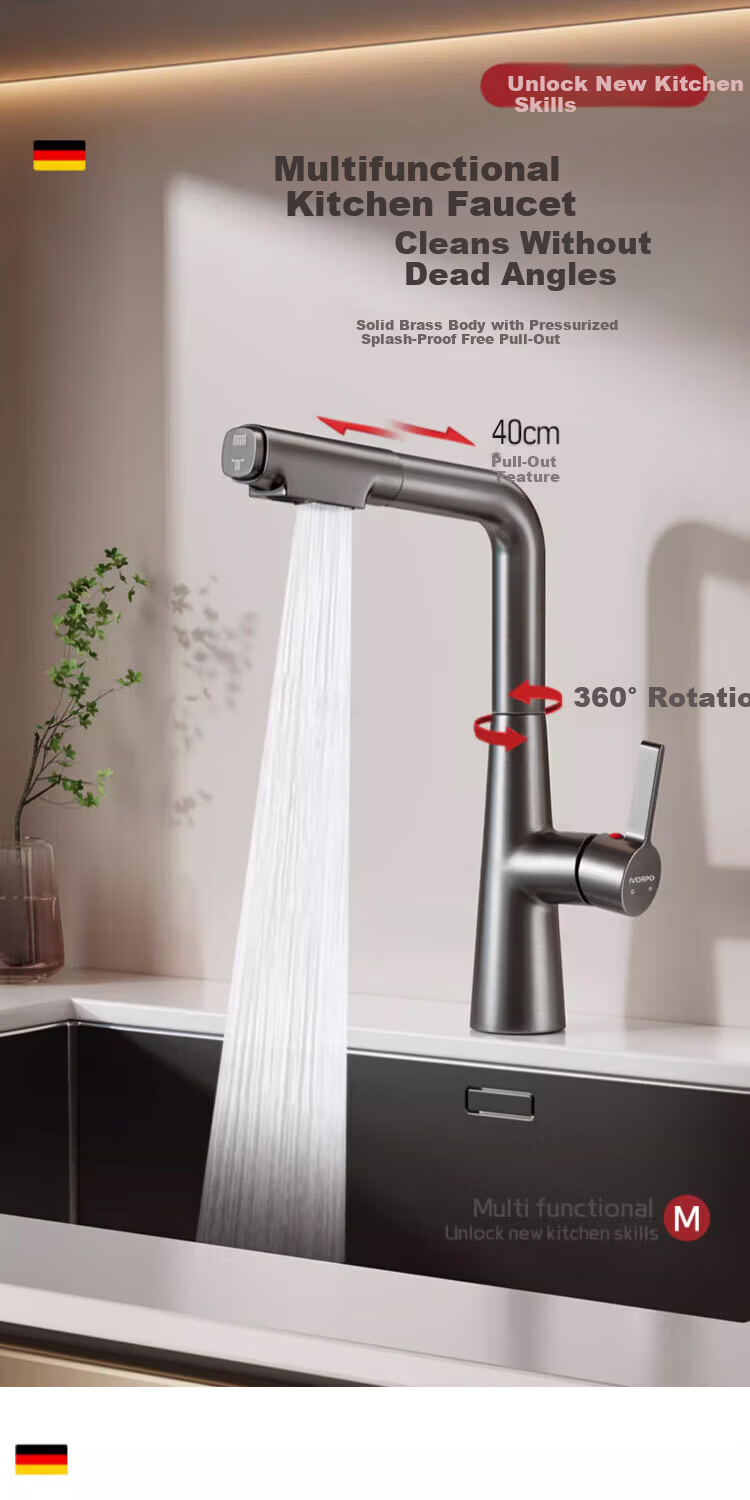 IVORPO [Germany] All-Copper Kitchen Pull-Out Faucet Hot and Cold Two-in-One Rotatable Sink Stretchable Swivel Faucet 1