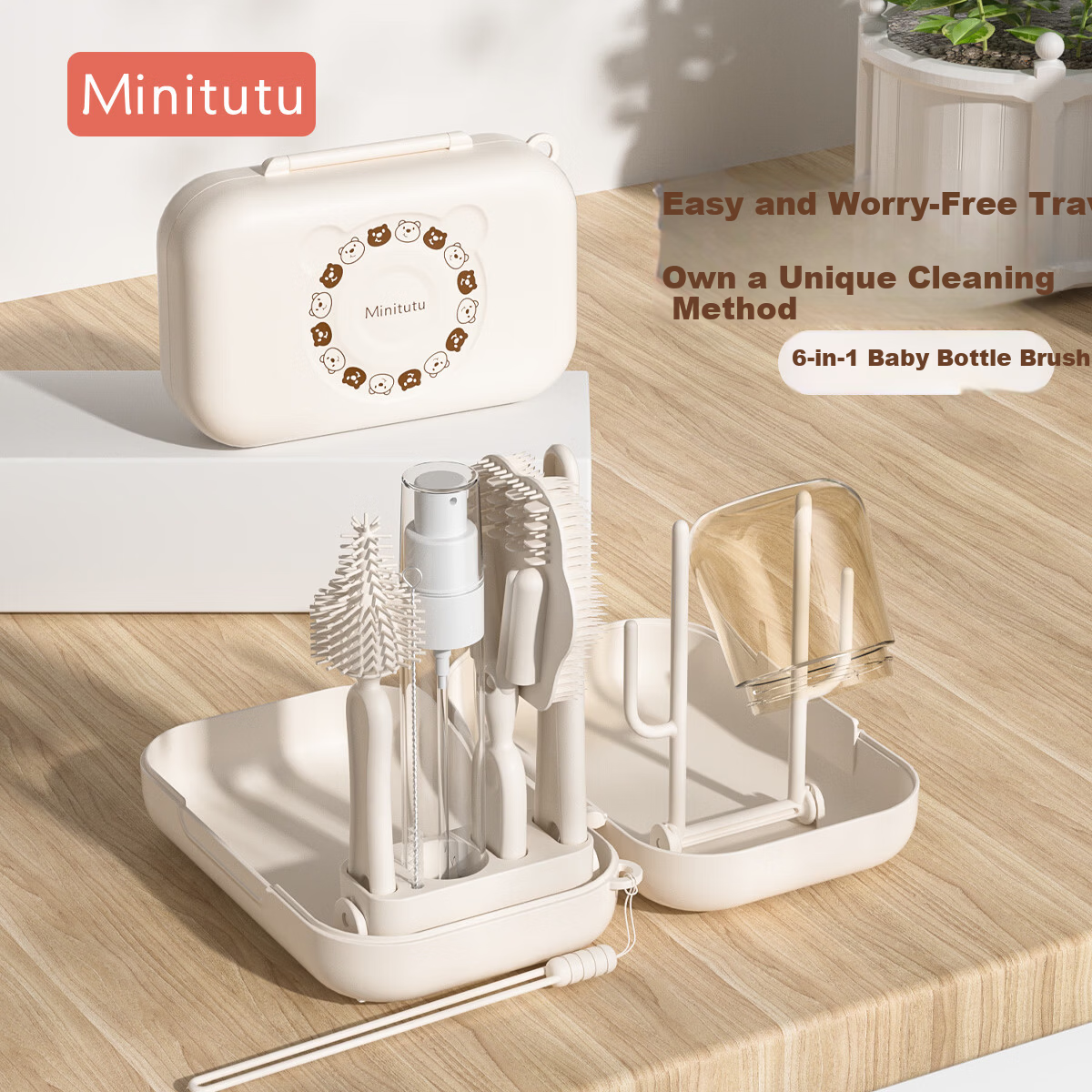 MINITUTU Silicone Portable Baby Bottle Brush Cleaning Water Cup Storage Box Nipple Straw with Draining Base Multifunctional Set