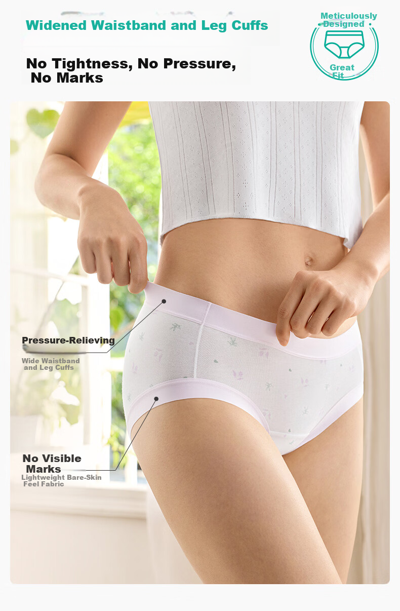 PurCotton Women's Printed Antibacterial Wide-Edge Briefs 7A S-3XL Plus Size Underwear 7