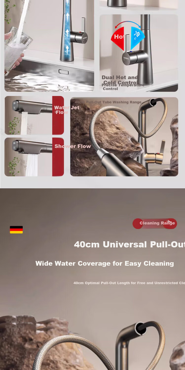 IVORPO [Germany] All-Copper Kitchen Pull-Out Faucet Hot and Cold Two-in-One Rotatable Sink Stretchable Swivel Faucet 4