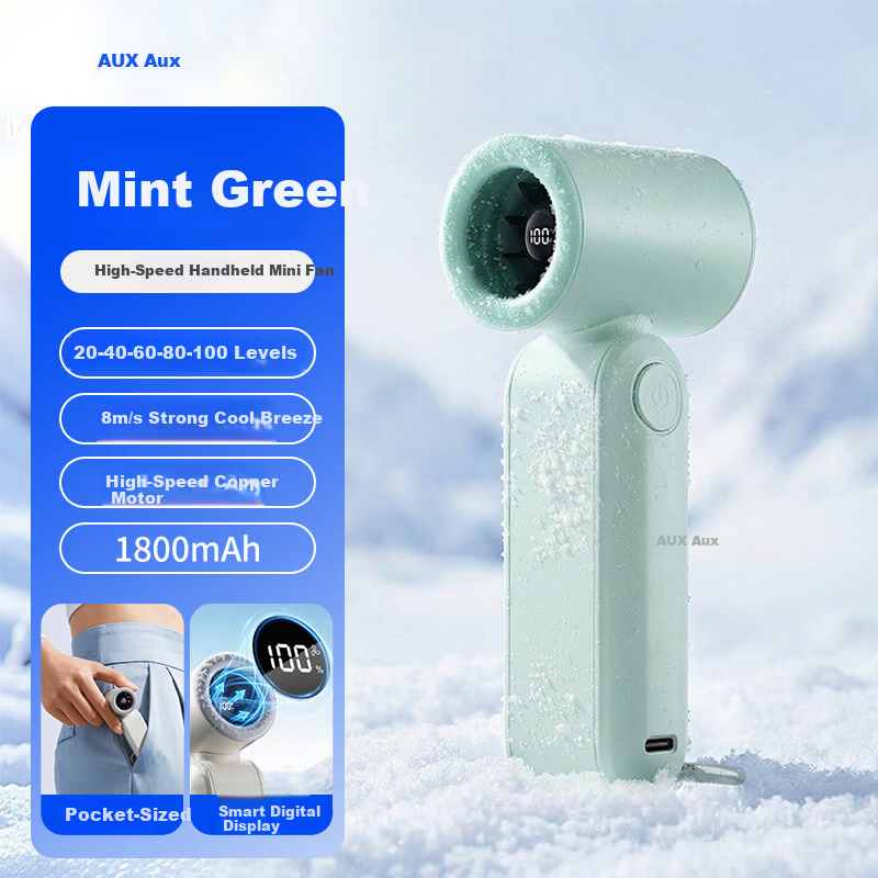AUX Handheld Portable Mini Fan Long Battery Life Silent USB Small High-Speed Energy-Saving Rechargeable Fan Office 100-Speed Mint Green