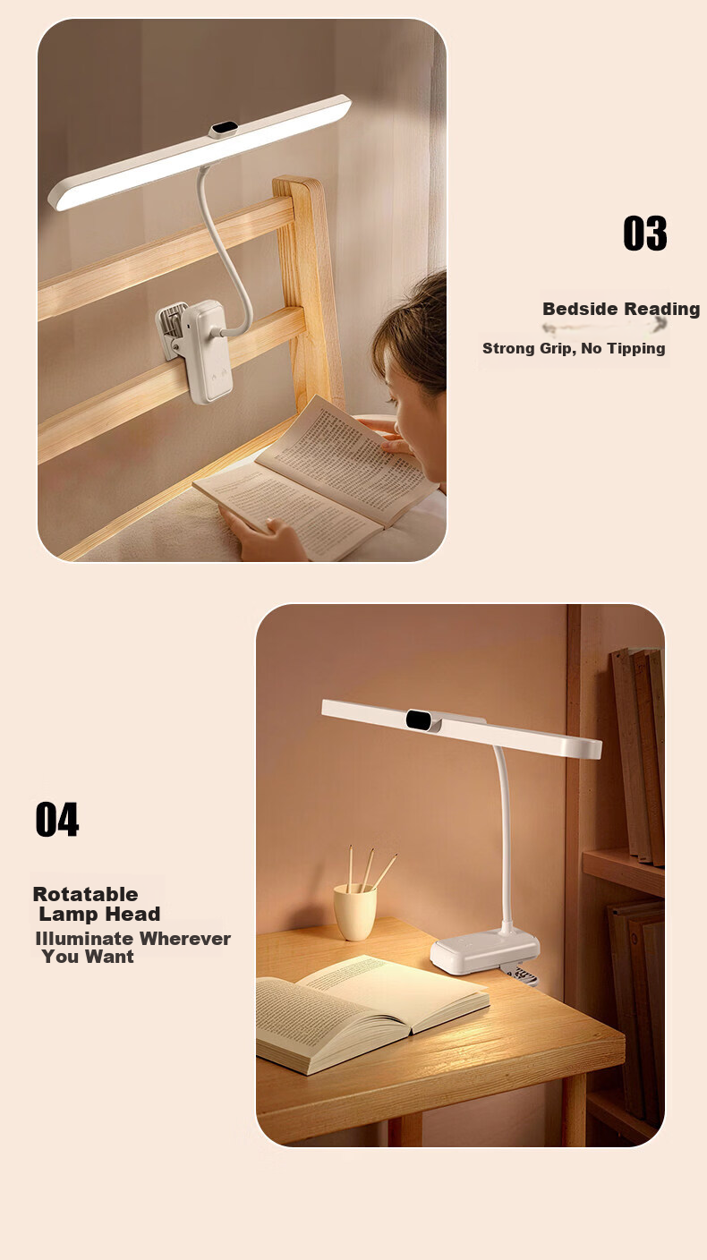 Datouren Grade A Rechargeable Desk Lamp Long Battery Life Clip Light Bedroom College Dormitory Study Eye Protection Lamp 6000mAh 17