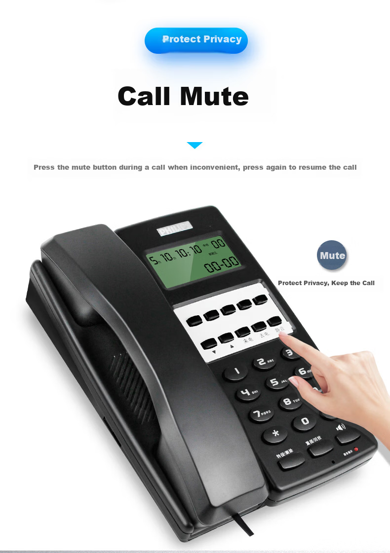 PHILIPS CORD2802 Hotel Telephone Corded Desk Phone Caller ID One-Touch Dial Wired Wall-Mount Black 7