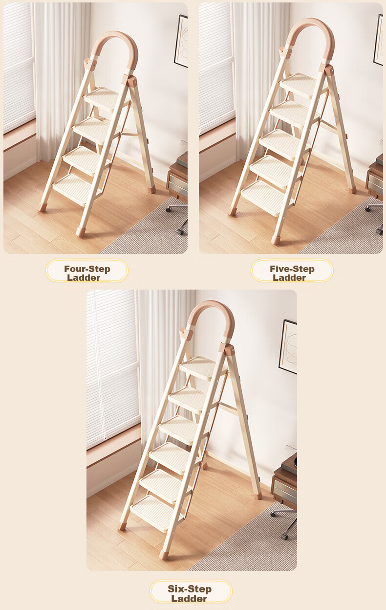 Yimo Household Folding Ladder Multifunctional Small Lightweight A-Frame Telescopic Indoor Four-Step Beige Climbing Ladder 2