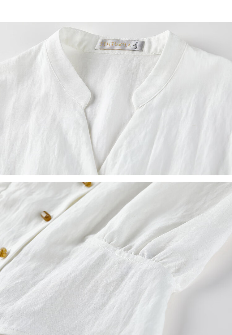 Shangdu Bila Linen Blend Stand Collar Shirt for Women Spring Summer Color-Block Button Slim Fit Flutter Sleeve Waist-Defined Short Sleeve Elegant Top 25