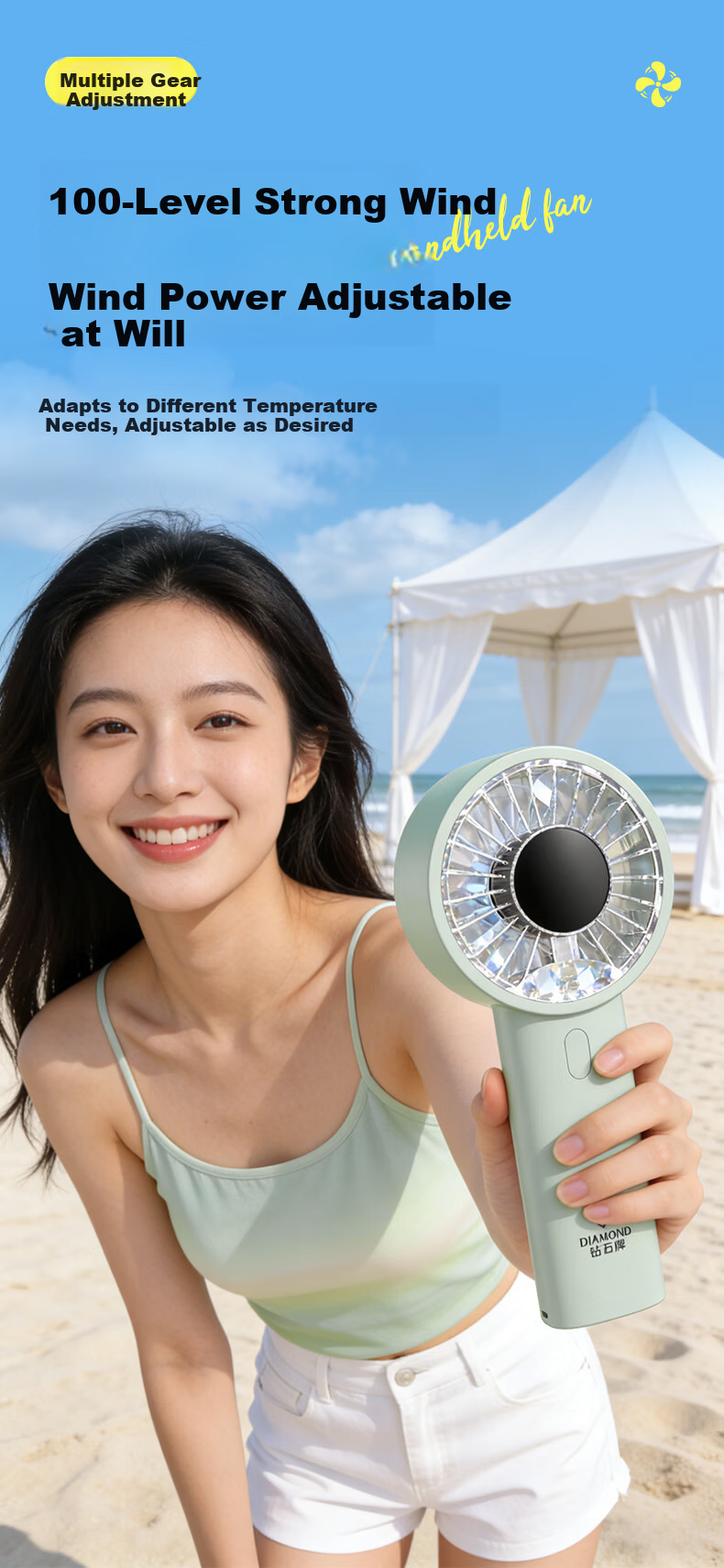 Diamond Brand Handheld Mini Fan High-Speed Energy-Saving Portable Rechargeable Quiet Powerful Outdoor Personal Fan for Students Dormitory Back to School 7
