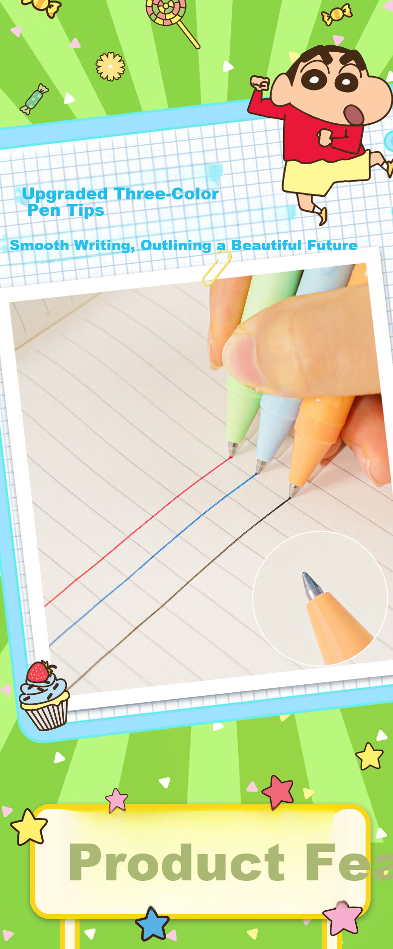 Joytop Crayon Shin-chan Limited Edition 3-Color 0.5mm Quick-Dry Retractable Gel Pen Student Stationery Signature Pen 3