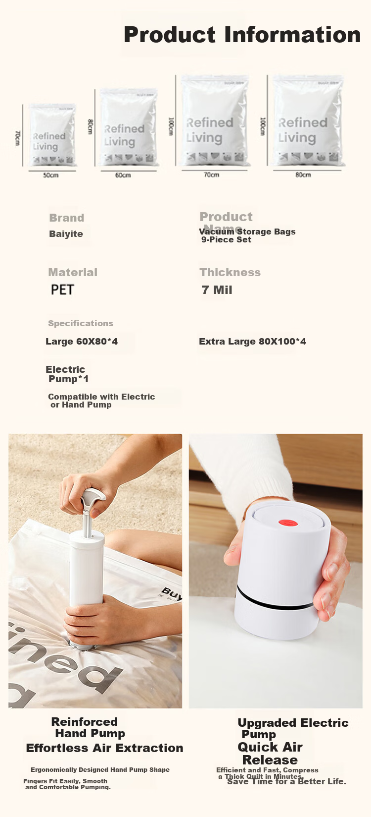 BEYYIT Vacuum Storage Bags Moving Packing Compression Bags 9-Piece Set [4 Extra Large, 4 Large, 1 Hand Pump] Simple Style 2